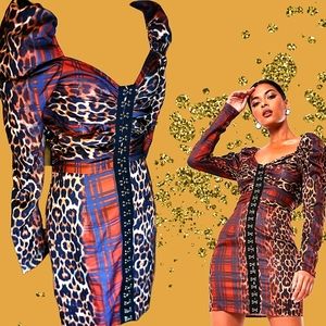 MISSGUIDED leopard and plaid hook+eye mini dress